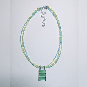 Lia Sophia Necklace “Jasmine” Silver Tone Pendant Green Yellow Blue Seed Bead